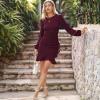 imageByinns Womens 2024 Knit Sweater Bodycon Mini Dress Ribbed Long Sleeve Ruffle Hem Cocktail Party Sexy Fall Winter DressesWine Red