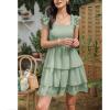 imageByinns Womens Square Neck Sleeveless Ruffle Dress High Waist Backless Tiered Smocked Strappy Casual Short Mini DressesLight Green