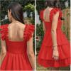 imageByinns Womens Square Neck Sleeveless Ruffle Dress High Waist Backless Tiered Smocked Strappy Casual Short Mini DressesRed