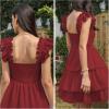 imageByinns Womens Square Neck Sleeveless Ruffle Dress High Waist Backless Tiered Smocked Strappy Casual Short Mini DressesWine Red
