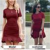 imageByinns Womens Summer Sexy Bodycon Dress Short Sleeve Ruched Round Neck Ruffle Dress Cocktail Party DressesShortsleevewine Red