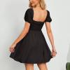 imageByinns Womens Sweetheart Neckline Dress Smocked Sundress Puff Short Sleeve Drawstring DressesBlack