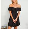 imageByinns Womens Sweetheart Neckline Dress Smocked Sundress Puff Short Sleeve Drawstring DressesBlack