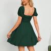 imageByinns Womens Sweetheart Neckline Dress Smocked Sundress Puff Short Sleeve Drawstring DressesDark Green