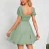 imageByinns Womens Sweetheart Neckline Dress Smocked Sundress Puff Short Sleeve Drawstring DressesLight Gray Green