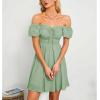 imageByinns Womens Sweetheart Neckline Dress Smocked Sundress Puff Short Sleeve Drawstring DressesLight Gray Green