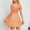 imageByinns Womens Sweetheart Neckline Dress Smocked Sundress Puff Short Sleeve Drawstring DressesOrange