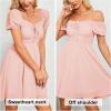 imageByinns Womens Sweetheart Neckline Dress Smocked Sundress Puff Short Sleeve Drawstring DressesPink