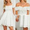 imageByinns Womens Sweetheart Neckline Dress Smocked Sundress Puff Short Sleeve Drawstring DressesWhite Floral