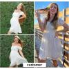 imageByinns Womens Sweetheart Neckline Dress Smocked Sundress Puff Short Sleeve Drawstring DressesWhite Floral