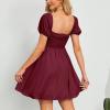 imageByinns Womens Sweetheart Neckline Dress Smocked Sundress Puff Short Sleeve Drawstring DressesWine Red