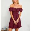 imageByinns Womens Sweetheart Neckline Dress Smocked Sundress Puff Short Sleeve Drawstring DressesWine Red