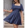 imageEXLURA Womens 2025 Summer Casual Square Neck Dresses Ruffle Short Sleeve Swiss Dot Flowy Mini DressNavy Blue