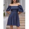 imageEXLURA Womens 2025 Summer Casual Square Neck Dresses Ruffle Short Sleeve Swiss Dot Flowy Mini DressNavy Blue