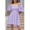 imageEXLURA Womens 2025 Summer Casual Square Neck Dresses Ruffle Short Sleeve Swiss Dot Flowy Mini DressPurple