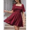 imageEXLURA Womens 2025 Summer Casual Square Neck Dresses Ruffle Short Sleeve Swiss Dot Flowy Mini DressWine Red