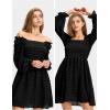 imageEXLURA Womens 2025 Summer Long Sleeve Party Swiss Dot Dress Smocked Ruffle Cocktail Mini DressesBlack