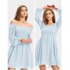 imageEXLURA Womens 2025 Summer Long Sleeve Party Swiss Dot Dress Smocked Ruffle Cocktail Mini DressesBlue