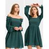 imageEXLURA Womens 2025 Summer Long Sleeve Party Swiss Dot Dress Smocked Ruffle Cocktail Mini DressesDark Green