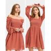imageEXLURA Womens 2025 Summer Long Sleeve Party Swiss Dot Dress Smocked Ruffle Cocktail Mini DressesOrange Pink