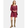 imageEXLURA Womens 2025 Summer Long Sleeve Party Swiss Dot Dress Smocked Ruffle Cocktail Mini DressesWine Red