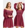 imageEXLURA Womens 2025 Summer Long Sleeve Party Swiss Dot Dress Smocked Ruffle Cocktail Mini DressesWine Red