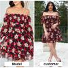 imageEXLURA Womens Floral Ruffle Sun Dress Sundress Tiered Square Neck Long Sleeve Off Shoulder Smocked Skater Mini DressBlack
