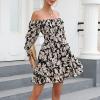 imageEXLURA Womens Floral Ruffle Sun Dress Sundress Tiered Square Neck Long Sleeve Off Shoulder Smocked Skater Mini DressBlack Floral