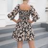imageEXLURA Womens Floral Ruffle Sun Dress Sundress Tiered Square Neck Long Sleeve Off Shoulder Smocked Skater Mini DressBlack Floral