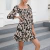 imageEXLURA Womens Floral Ruffle Sun Dress Sundress Tiered Square Neck Long Sleeve Off Shoulder Smocked Skater Mini DressBlack Floral