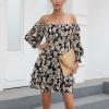 imageEXLURA Womens Floral Ruffle Sun Dress Sundress Tiered Square Neck Long Sleeve Off Shoulder Smocked Skater Mini DressBlack Floral