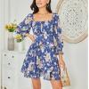 imageEXLURA Womens Floral Ruffle Sun Dress Sundress Tiered Square Neck Long Sleeve Off Shoulder Smocked Skater Mini DressBlue  Pink