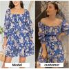 imageEXLURA Womens Floral Ruffle Sun Dress Sundress Tiered Square Neck Long Sleeve Off Shoulder Smocked Skater Mini DressBlue  Pink