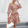 imageEXLURA Womens Floral Ruffle Sun Dress Sundress Tiered Square Neck Long Sleeve Off Shoulder Smocked Skater Mini DressRed Floral