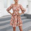 imageEXLURA Womens Floral Ruffle Sun Dress Sundress Tiered Square Neck Long Sleeve Off Shoulder Smocked Skater Mini DressRed Floral