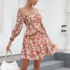 imageEXLURA Womens Floral Ruffle Sun Dress Sundress Tiered Square Neck Long Sleeve Off Shoulder Smocked Skater Mini DressRed Floral