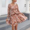 imageEXLURA Womens Floral Ruffle Sun Dress Sundress Tiered Square Neck Long Sleeve Off Shoulder Smocked Skater Mini DressRed Floral