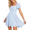 imageByinns Womens Sweetheart Neckline Dress Smocked Sundress Puff Short Sleeve Drawstring DressesLight Blue