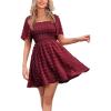 imageEXLURA Womens 2025 Summer Casual Square Neck Dresses Ruffle Short Sleeve Swiss Dot Flowy Mini DressWine Red