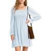 imageEXLURA Womens 2025 Summer Long Sleeve Party Swiss Dot Dress Smocked Ruffle Cocktail Mini DressesBlue