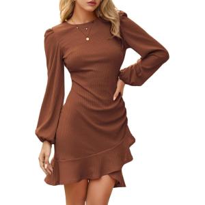 imageByinns Womens 2024 Knit Sweater Bodycon Mini Dress Ribbed Long Sleeve Ruffle Hem Cocktail Party Sexy Fall Winter DressesBrown