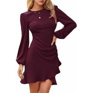 imageByinns Womens 2024 Knit Sweater Bodycon Mini Dress Ribbed Long Sleeve Ruffle Hem Cocktail Party Sexy Fall Winter DressesWine Red