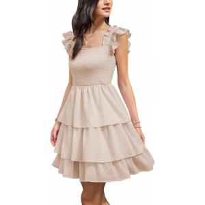 imageByinns Womens Square Neck Sleeveless Ruffle Dress High Waist Backless Tiered Smocked Strappy Casual Short Mini DressesApricot