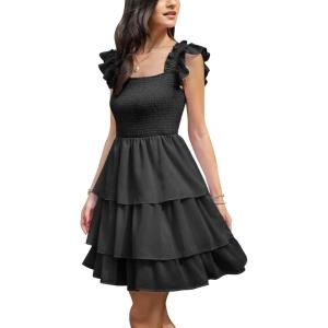 imageByinns Womens Square Neck Sleeveless Ruffle Dress High Waist Backless Tiered Smocked Strappy Casual Short Mini DressesBlack