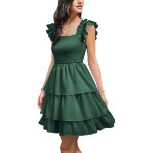 imageByinns Womens Square Neck Sleeveless Ruffle Dress High Waist Backless Tiered Smocked Strappy Casual Short Mini DressesDark Green