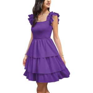 imageByinns Womens Square Neck Sleeveless Ruffle Dress High Waist Backless Tiered Smocked Strappy Casual Short Mini DressesDark Purple