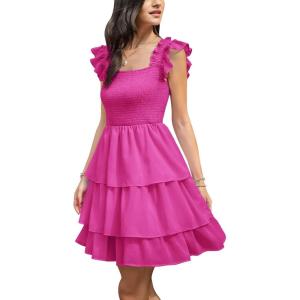 imageByinns Womens Square Neck Sleeveless Ruffle Dress High Waist Backless Tiered Smocked Strappy Casual Short Mini DressesHot Pink
