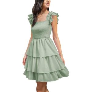 imageByinns Womens Square Neck Sleeveless Ruffle Dress High Waist Backless Tiered Smocked Strappy Casual Short Mini DressesLight Green