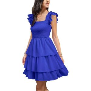 imageByinns Womens Square Neck Sleeveless Ruffle Dress High Waist Backless Tiered Smocked Strappy Casual Short Mini DressesNavy Blue