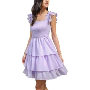 imageByinns Womens Square Neck Sleeveless Ruffle Dress High Waist Backless Tiered Smocked Strappy Casual Short Mini DressesPurple